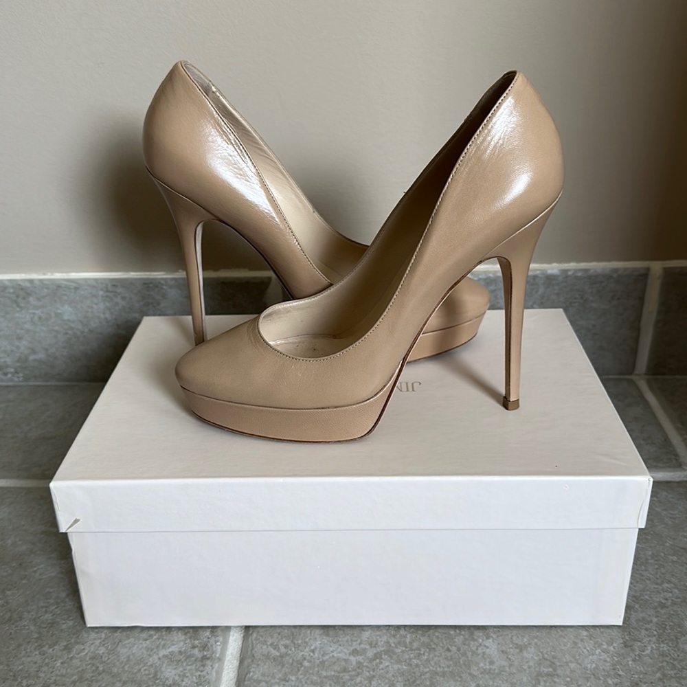 USED AUTH JIMMY CHOO LEATHER COSMIC KID NUDE PUMPS WITH PLATFORM SIZE 39